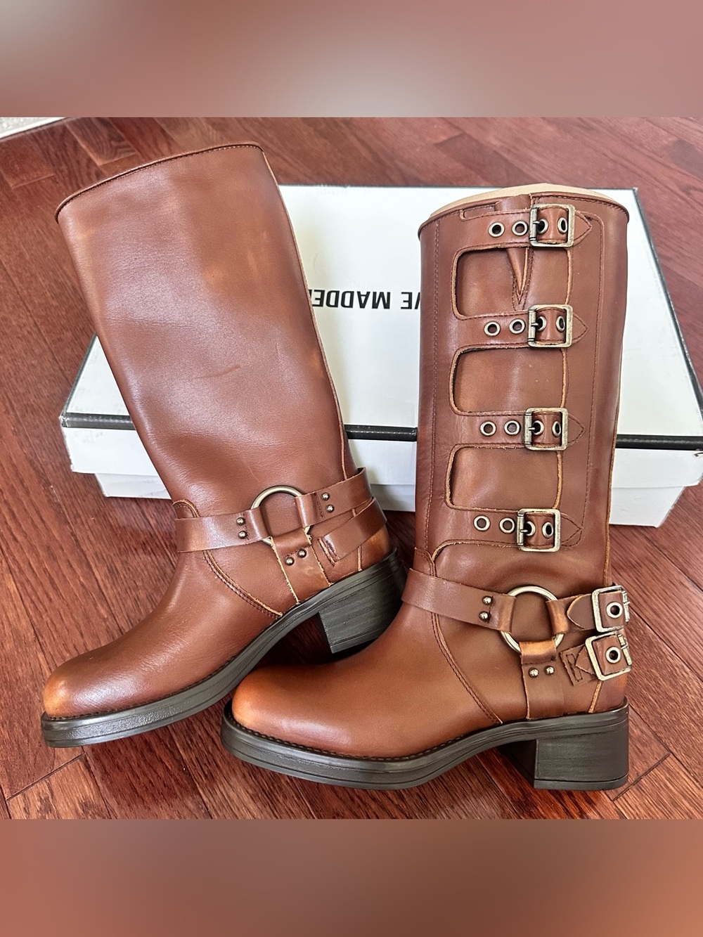 Steve Madden Rocky Cognac Brown Distressed Silver Hardware Moto Buckle Boots